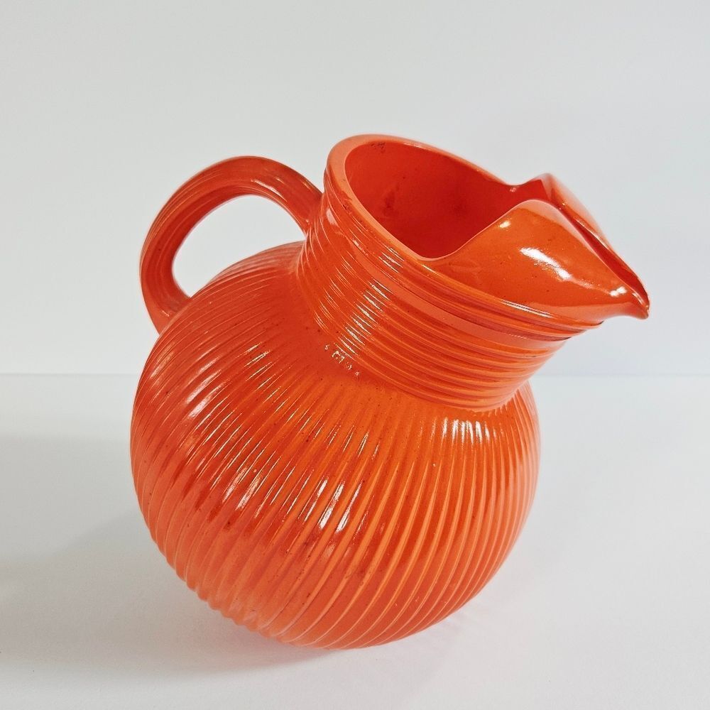 Vintage Hazel Atlas 40s-50s Fine Rib Orange Baked Glaze MCM Tilt Ball Pitcher - Picture 2 of 10